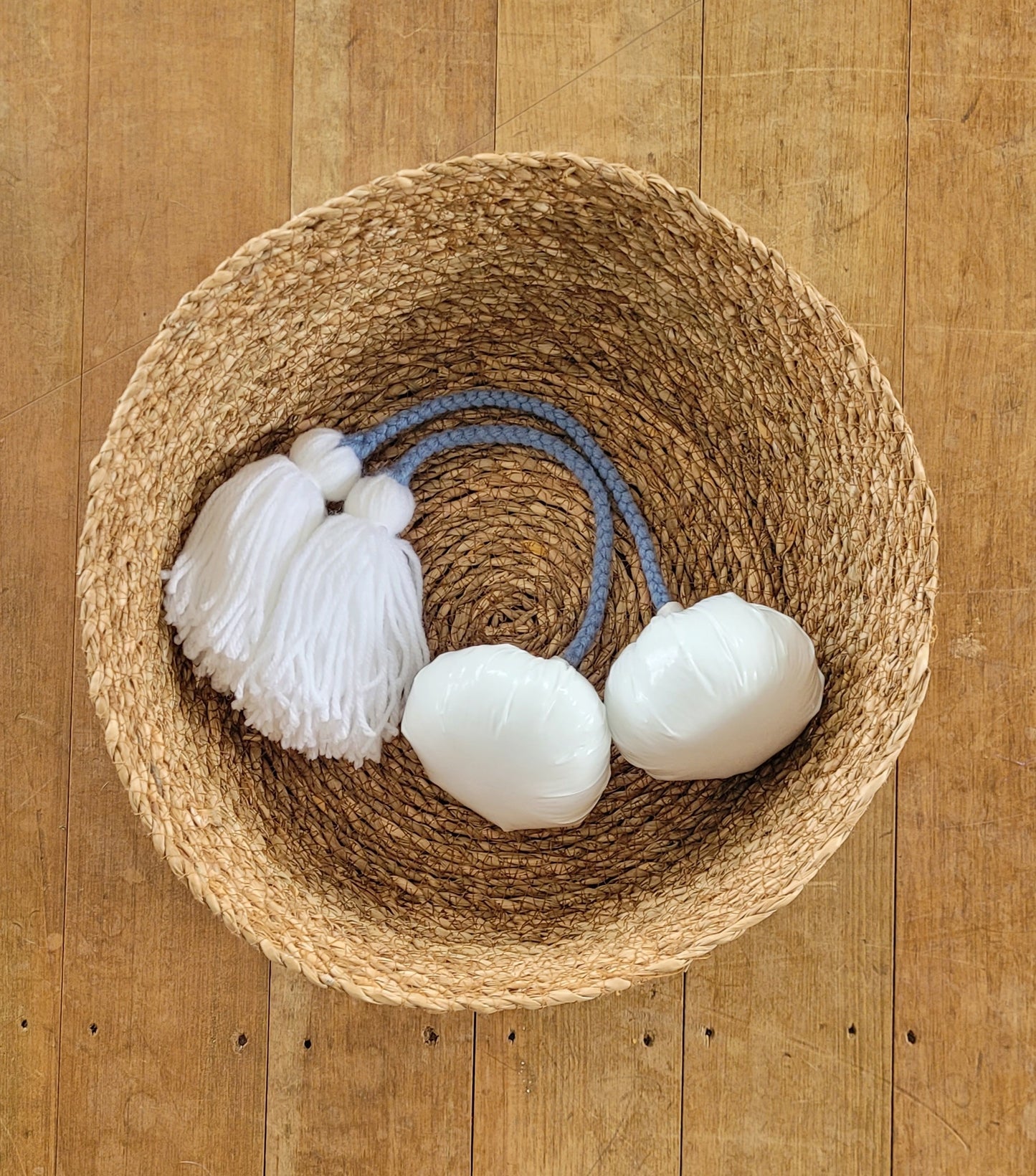 Light Blue, white pom pom